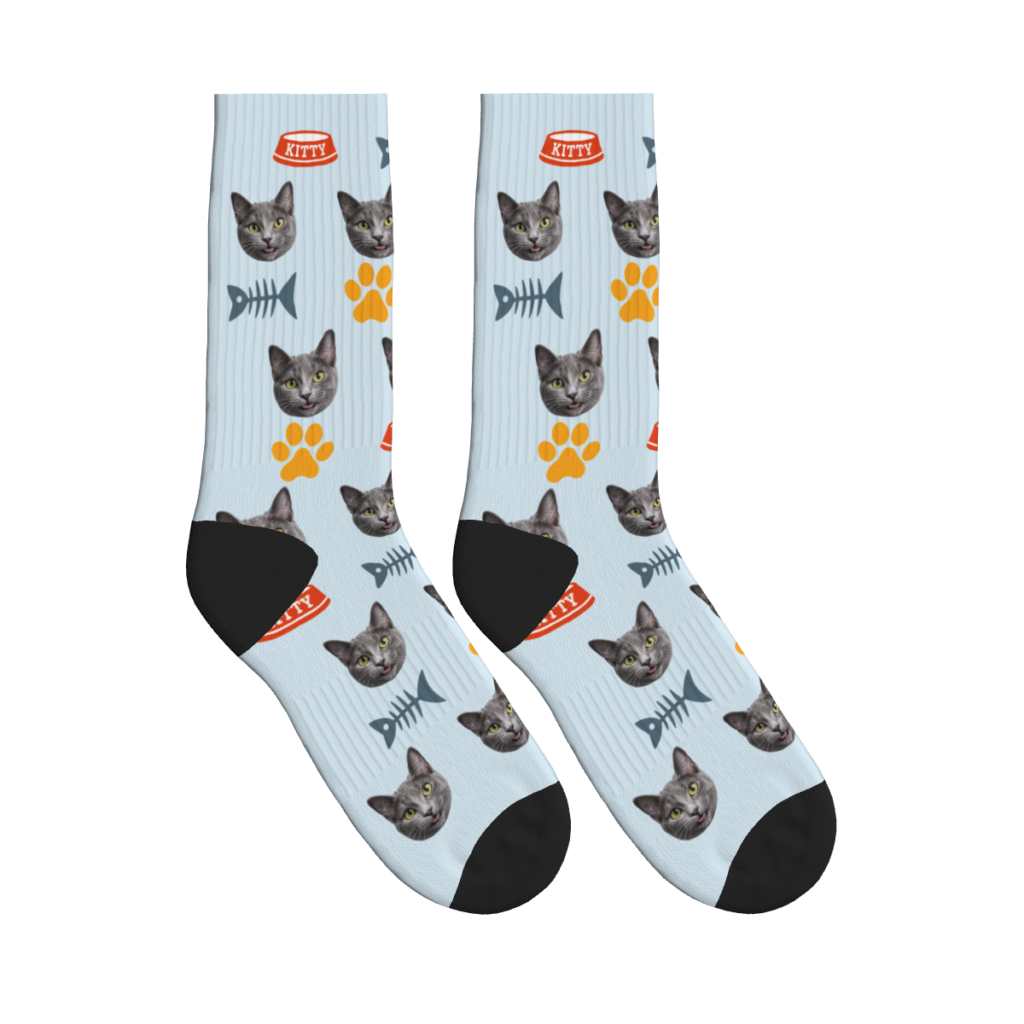 Cats, Fish Bones, Bowls & Paws Socks — Powder Blue — product view