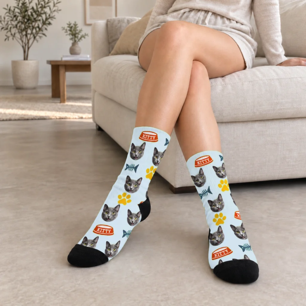 Cats, Fish Bones, Bowls & Paws Socks — Powder Blue — on-foot view