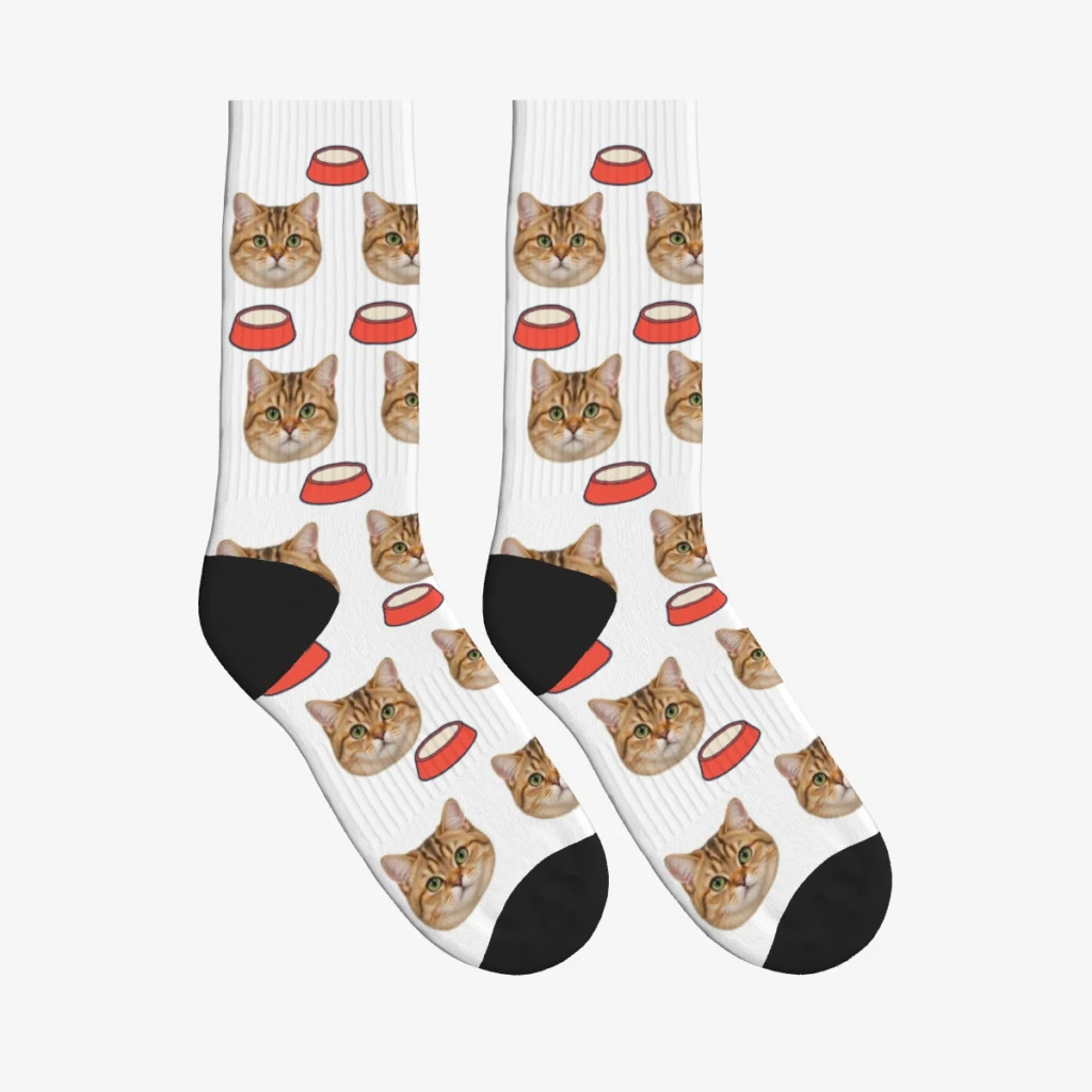 Cat Food Bowls Cat Face Socks — White — product view