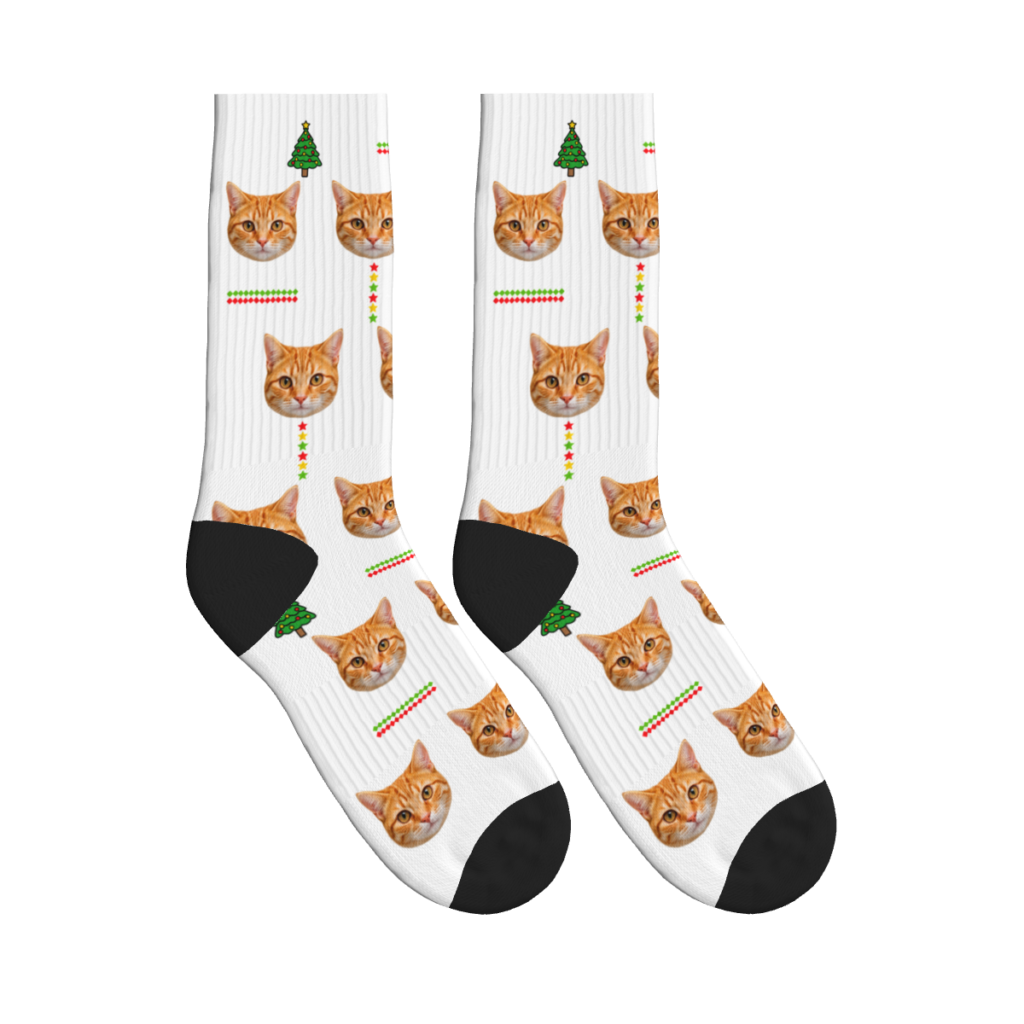 Cat Faces with Christmas Trees Socks — White — product view