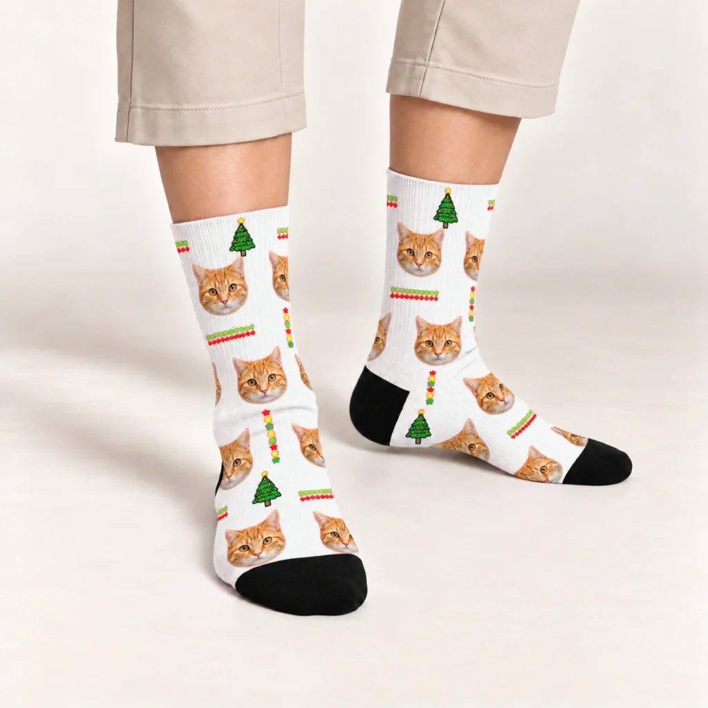 Cat Faces with Christmas Trees Socks — White — on-foot view