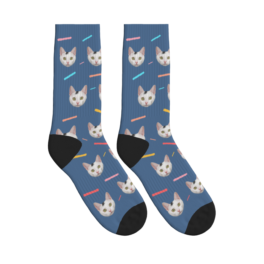 Colorful Stripes & Kitty Faces Socks — Denim — product view