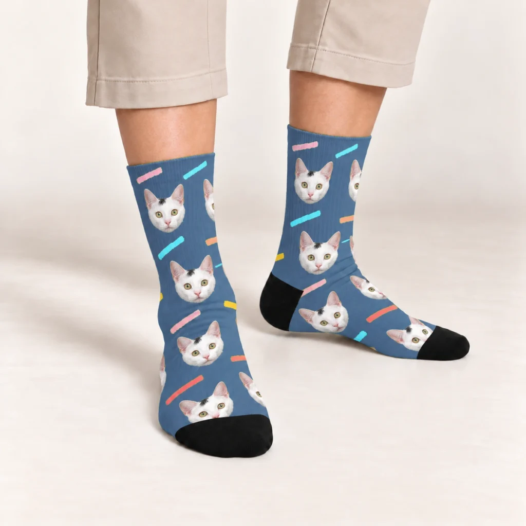 Colorful Stripes & Kitty Faces Socks — Denim — on-foot view