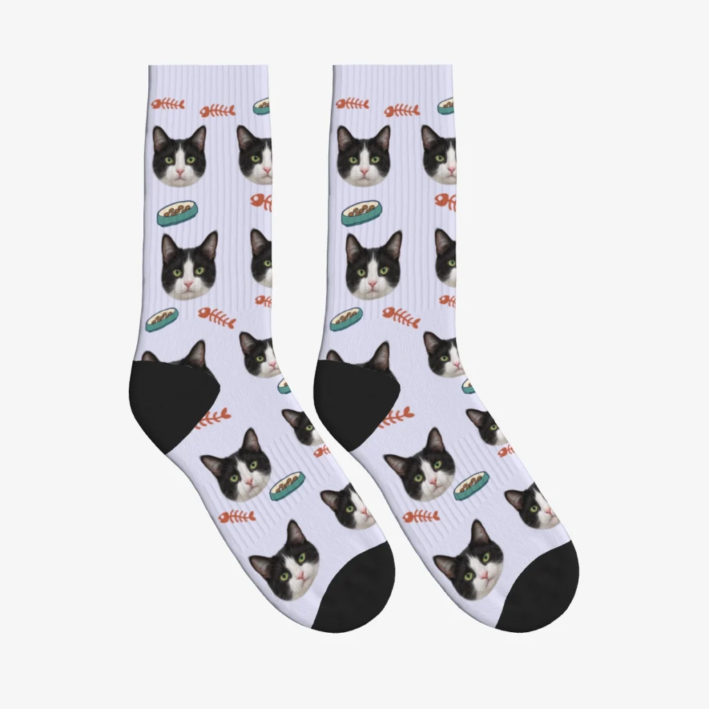 Fishbones & Food Bowls Cat Face Socks — Lavender — product view