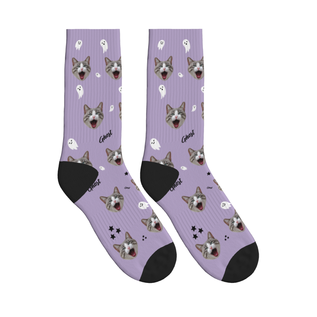 Ghost & Cat Face Halloween Socks — Muted Lilac — product view