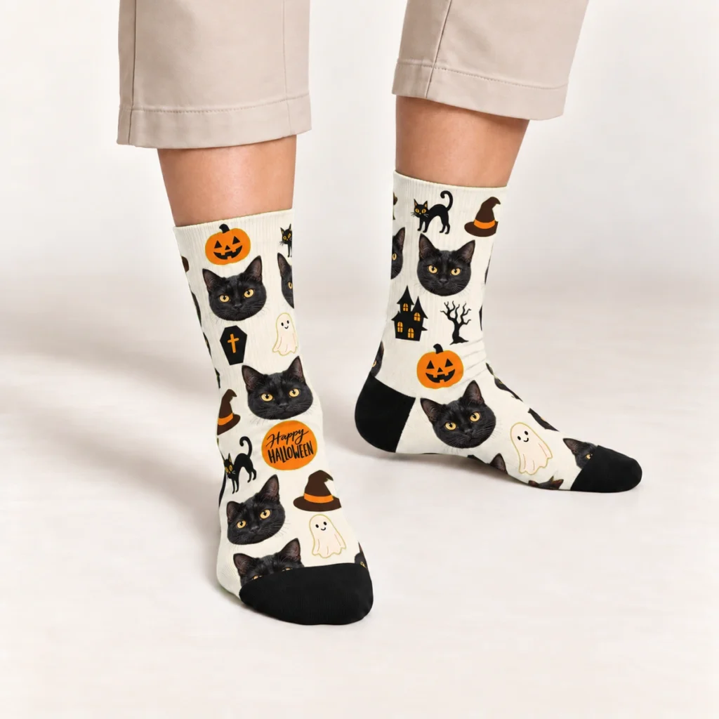 Halloween Essentials Cat Socks — Warm Cream — on-foot view