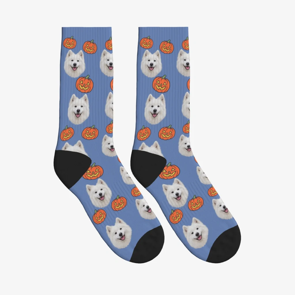 Jack O Lanterns Dog Face Socks — Slate Blue — product view