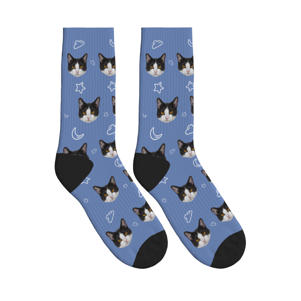 Cats, Stars, Moon & Clouds Socks — Slate Blue — product view