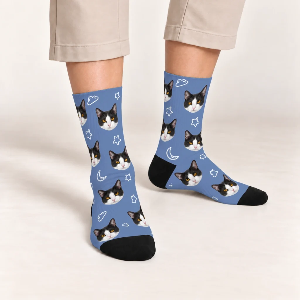 Cats, Stars, Moon & Clouds Socks — Slate Blue — on-foot view