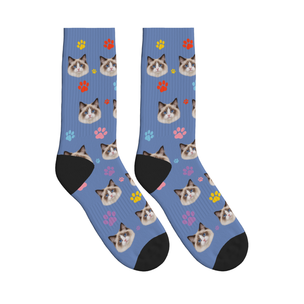 Multi-Colored Cat Paw Print Socks — Slate Blue — product view