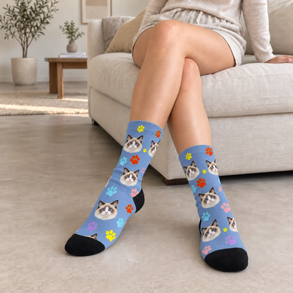 Multi-Colored Cat Paw Print Socks — Slate Blue — on-foot view
