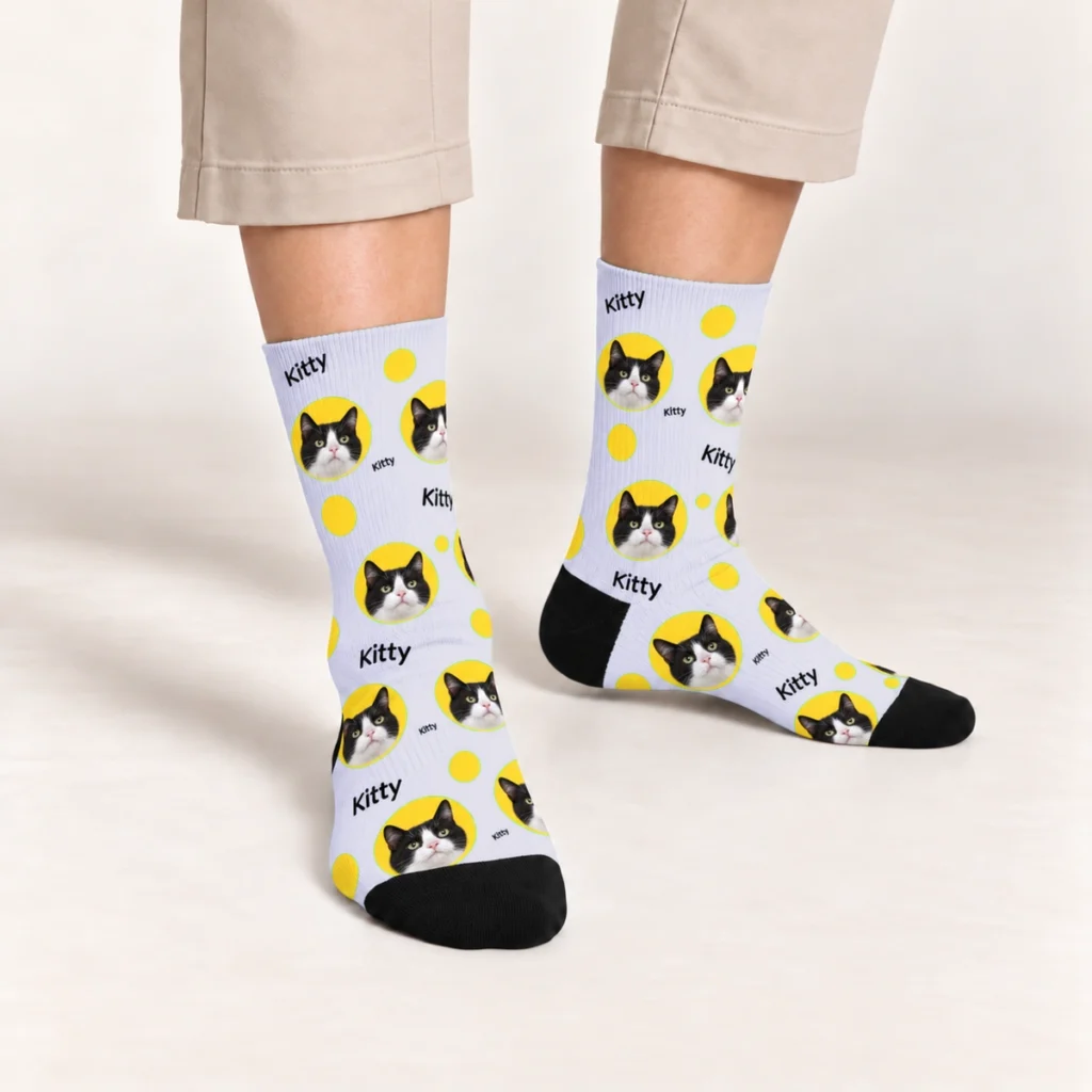 Cat face socks shown on foot