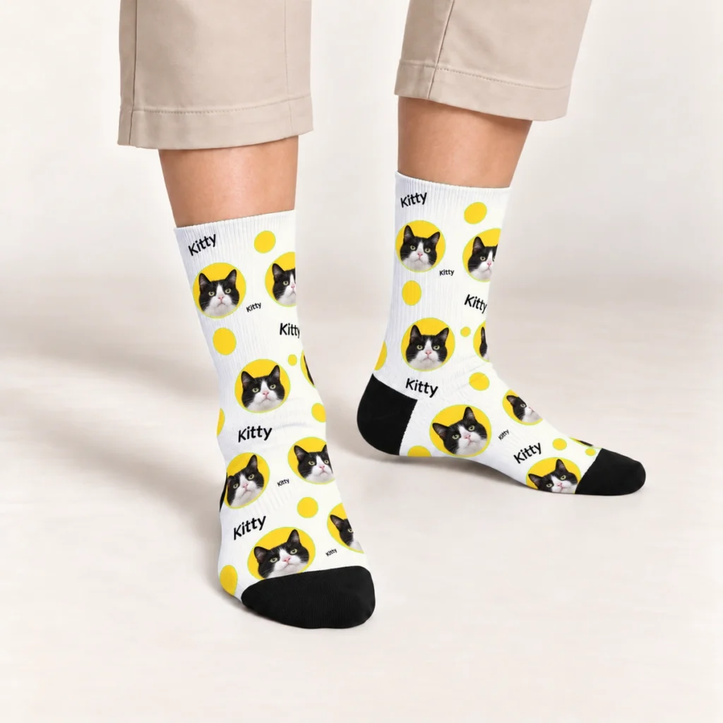 Cat face and name design worn as crew socks