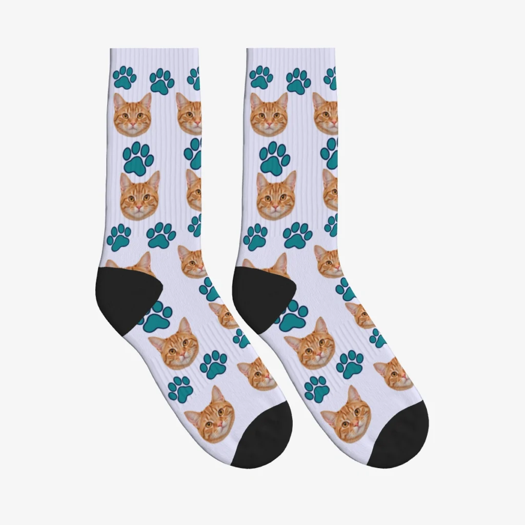 Teal Paw Print Cat Face Socks — Lavender — product view