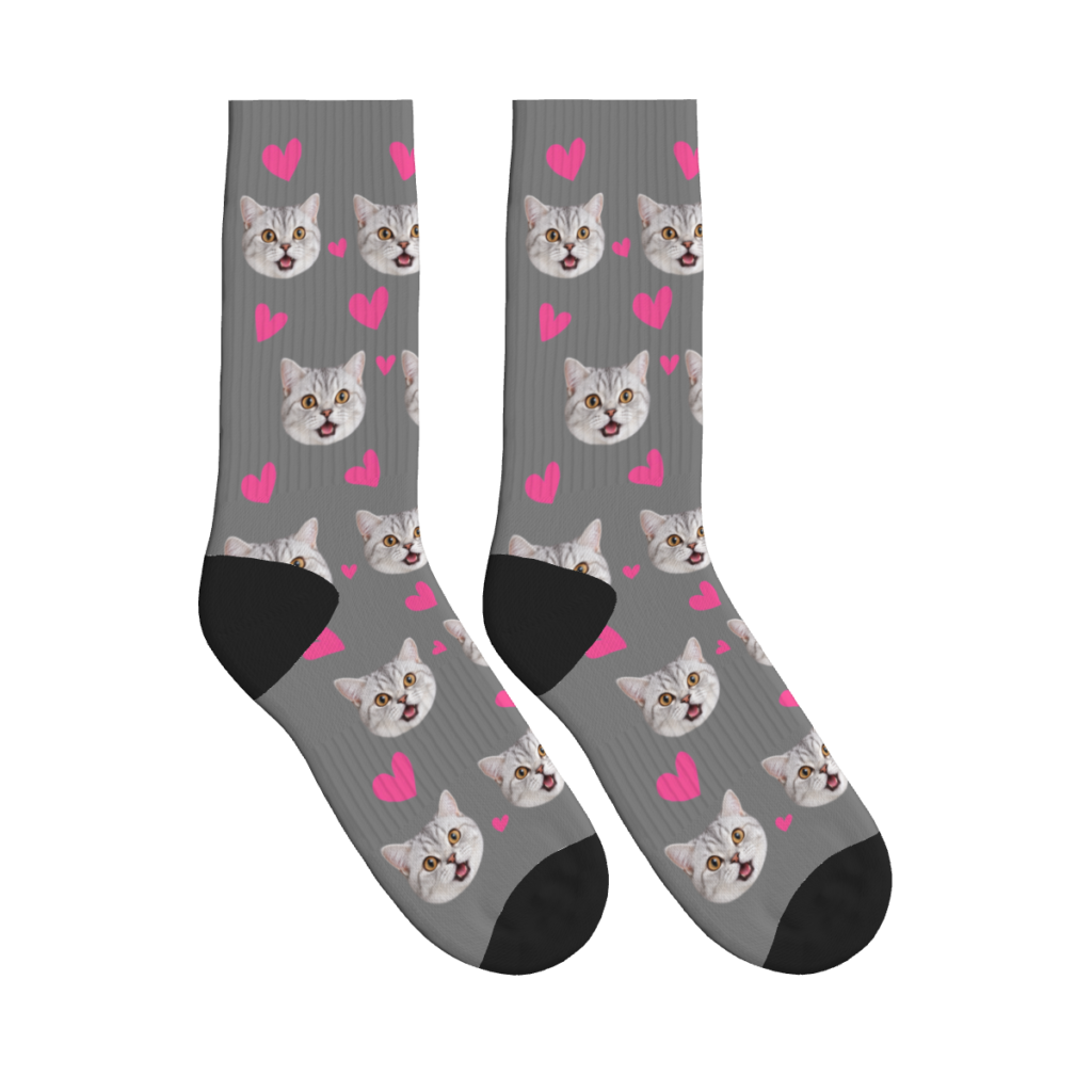 Pink Hearts & Cat Face Print Socks — Gray — product view