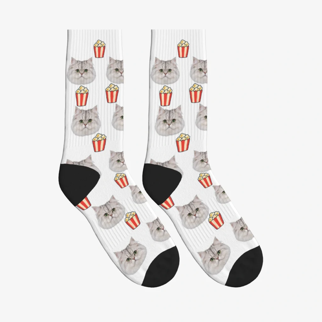 Popcorn Cat Face Socks — White — product view