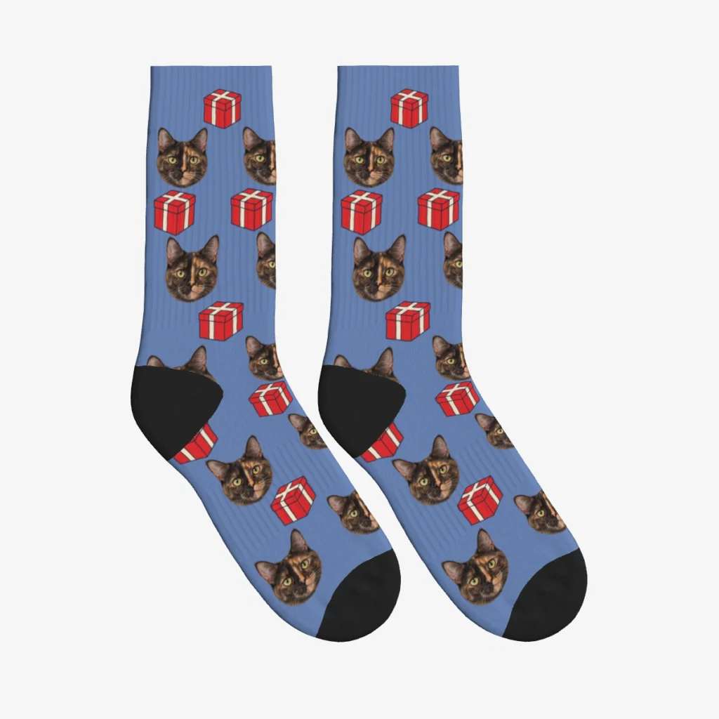 Present Boxes Cat Face Socks — Slate Blue — product view