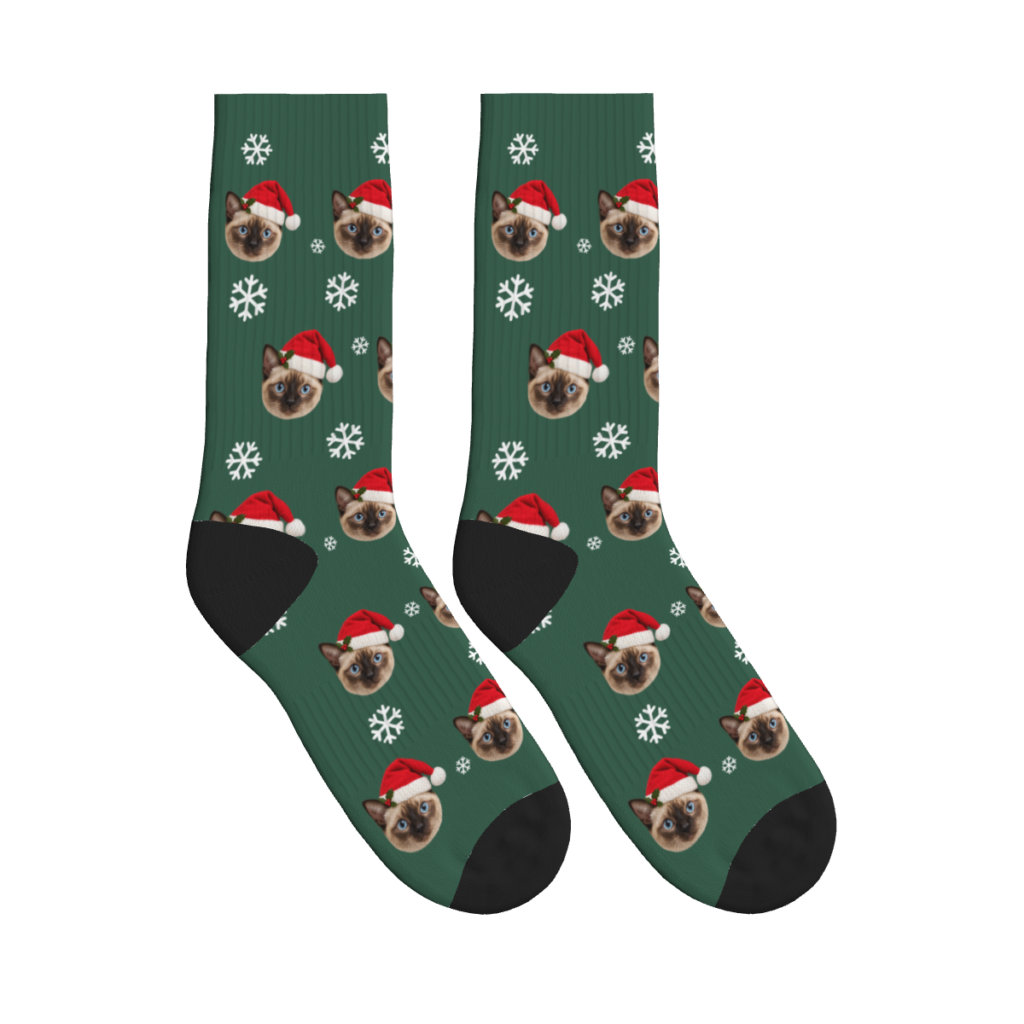 Snow & Christmas Hat Cat Socks — Forest Green — product view