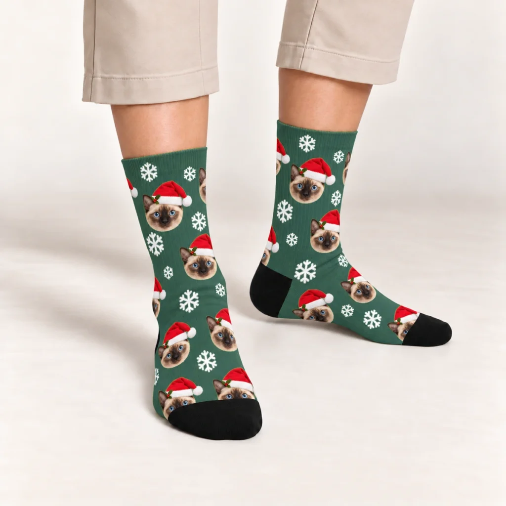 Snow & Christmas Hat Cat Socks — Forest Green — on-foot view