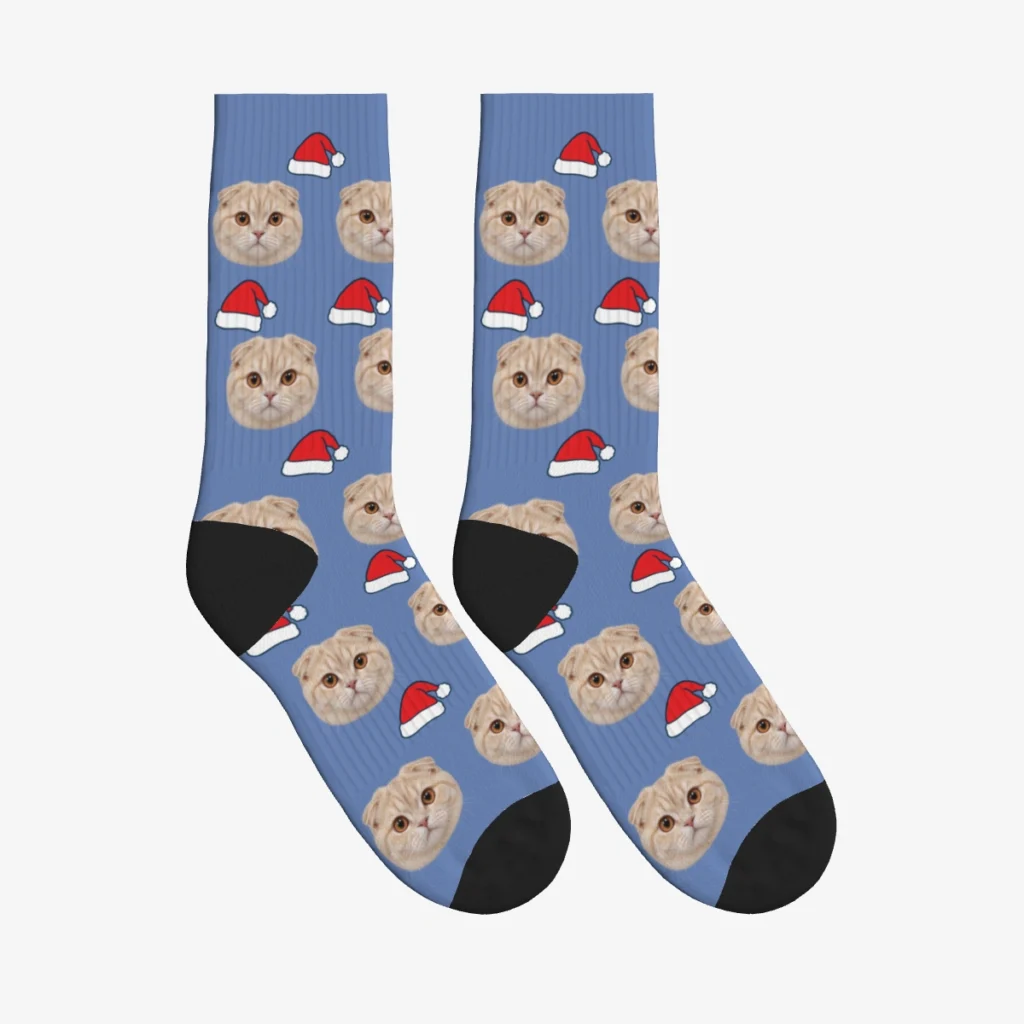 Santa Hats Cat Face Socks — Slate Blue — product view