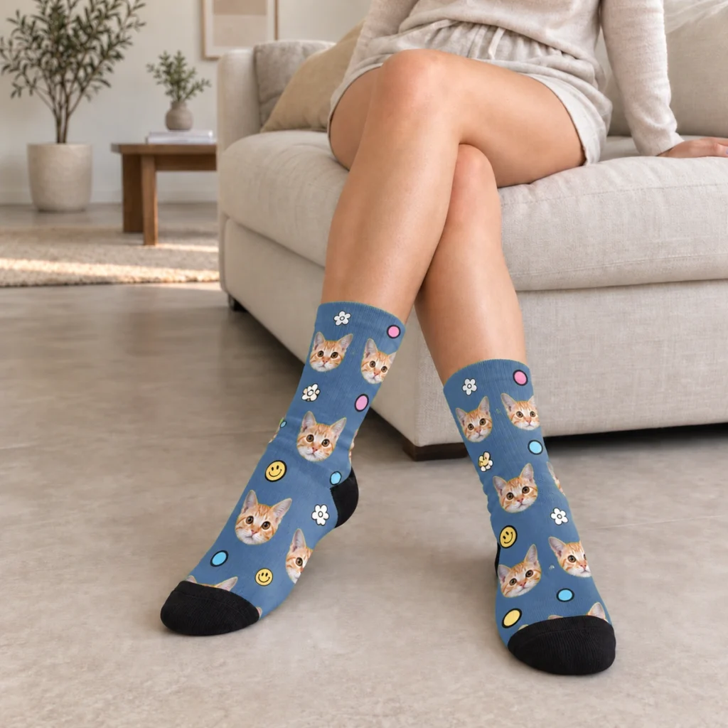 Cats, Smiles & Flowers Socks — Denim — on-foot view