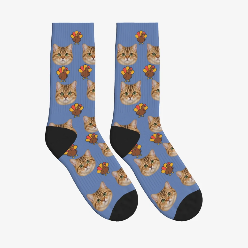 Thanksgiving Turkeys Cat Face Socks — Slate Blue — product view