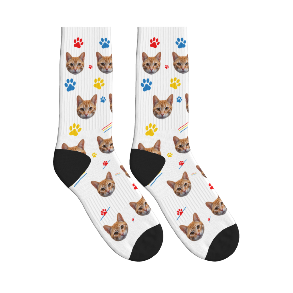 Cats with Red, Blue & Yellow Paws Socks — White — product view