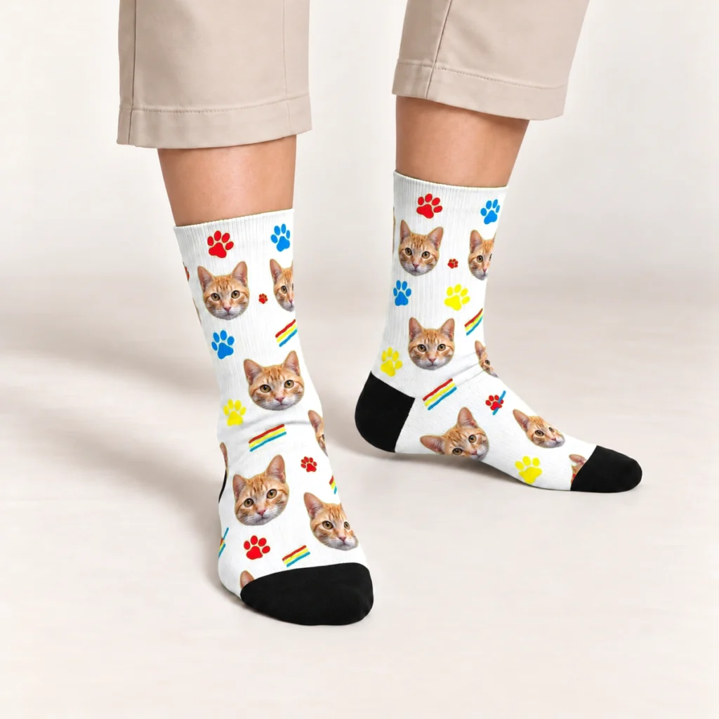 Cats with Red, Blue & Yellow Paws Socks — White — on-foot view
