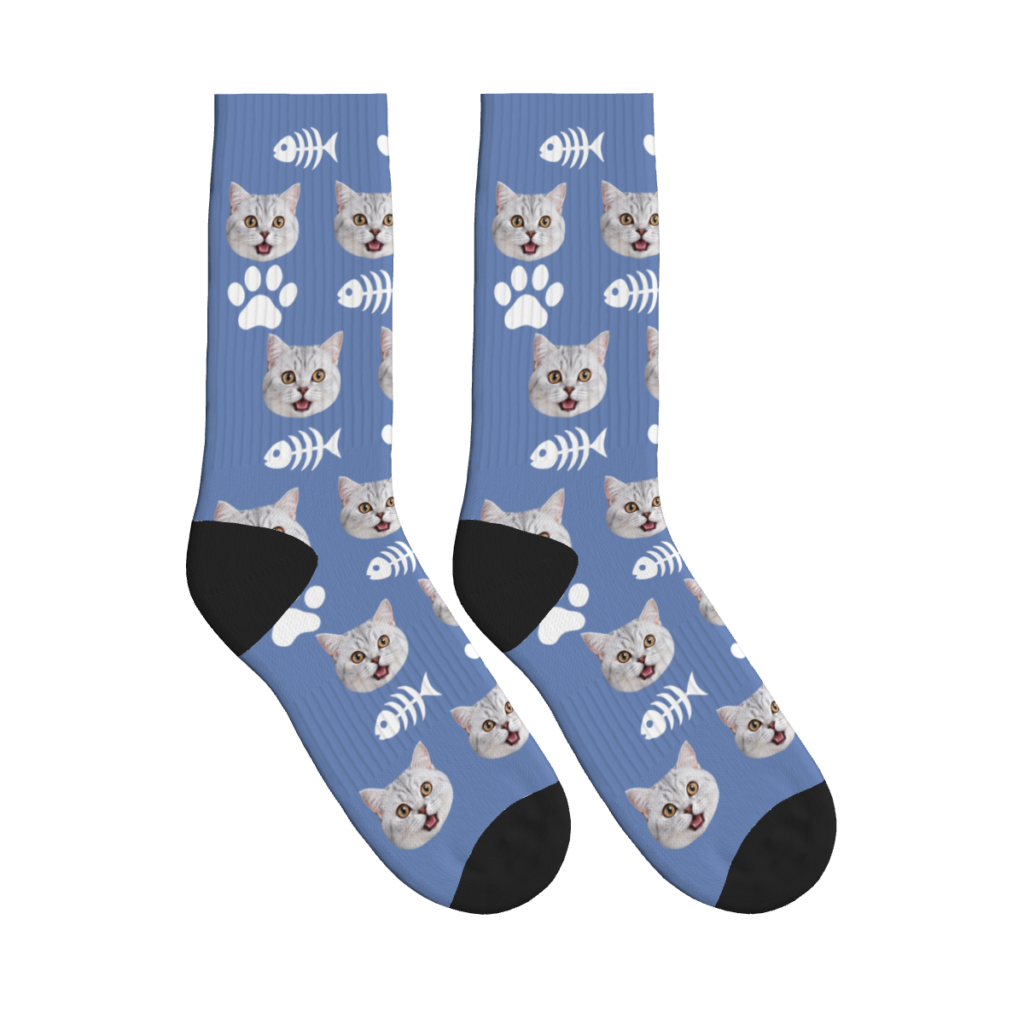 Cat Face, Fishbone & Paw Print Socks - Classic — Slate Blue — product view