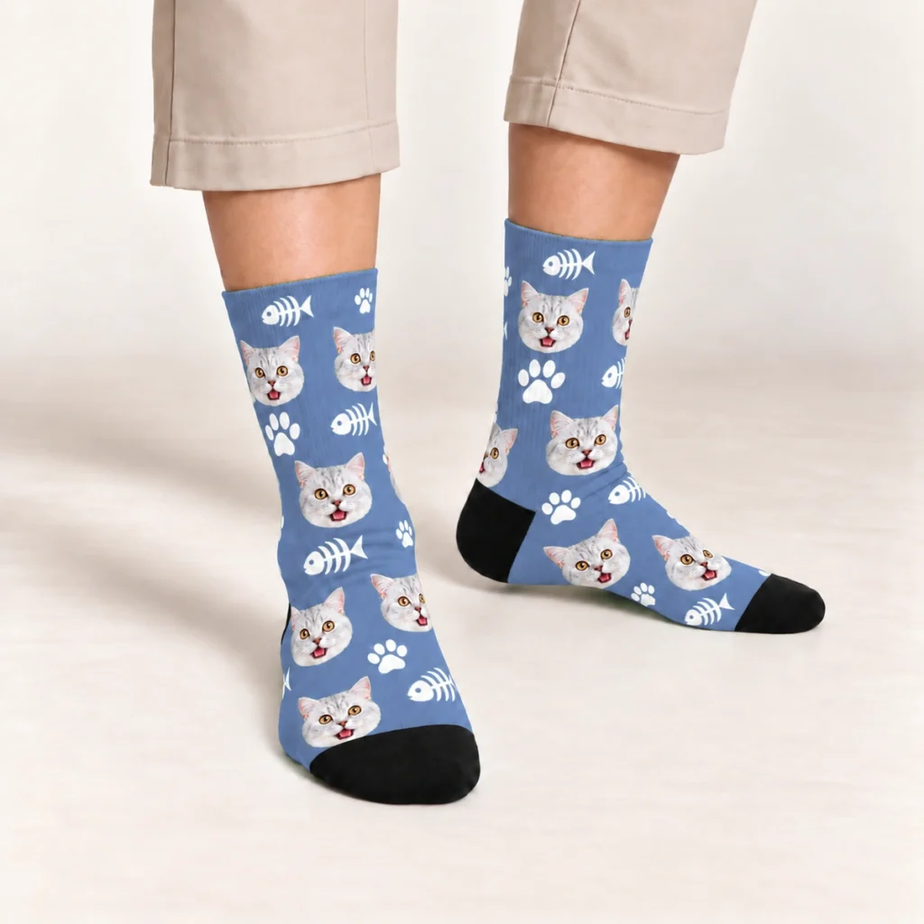 Cat Face, Fishbone & Paw Print Socks - Classic — Slate Blue — on-foot view