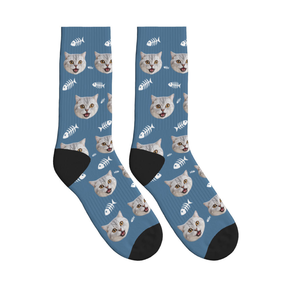 Cute Cat Face & Fishbone Print Socks — Steel Blue — product view