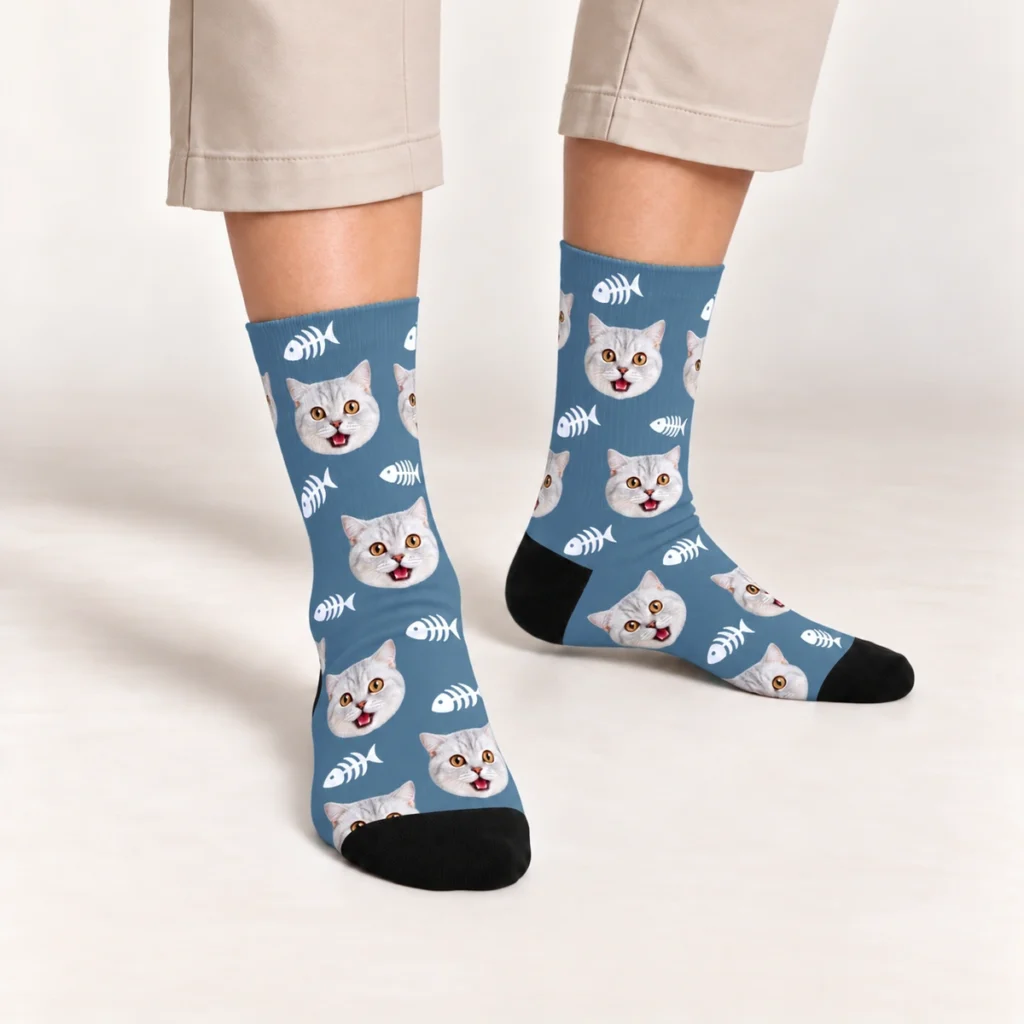Cute Cat Face & Fishbone Print Socks — Steel Blue — on-foot view