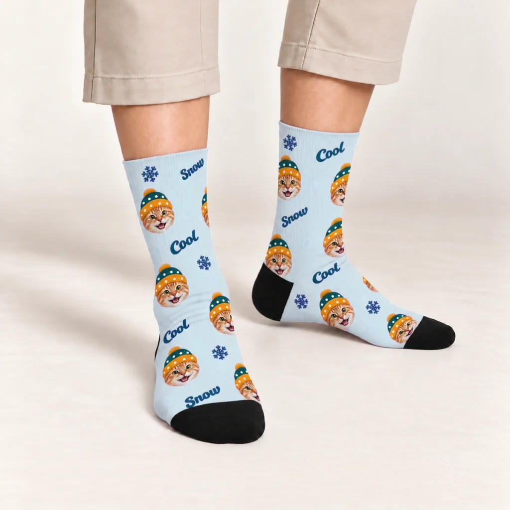 Hat-Wearing Cats & Snow Socks — Powder Blue — on-foot view