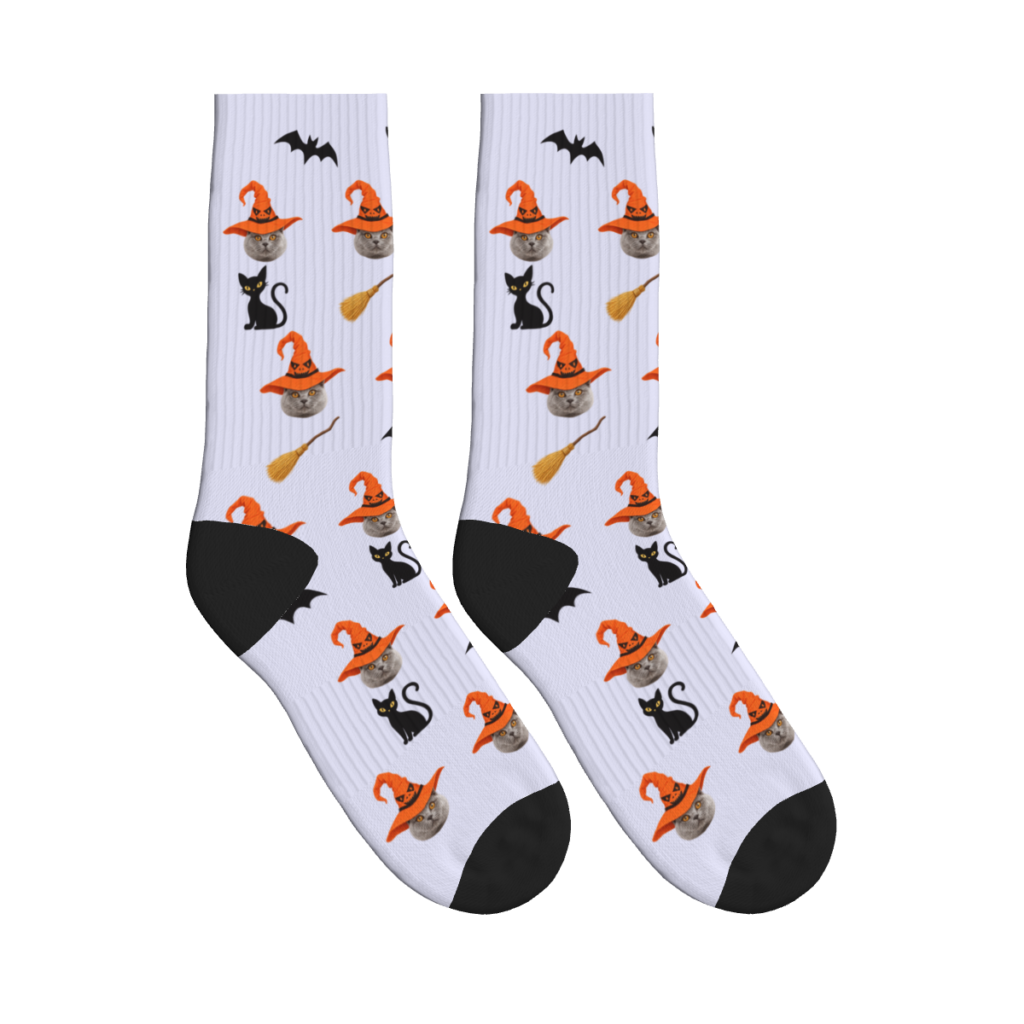Witch Hat & Cat Face Halloween Socks — Lavender — product view