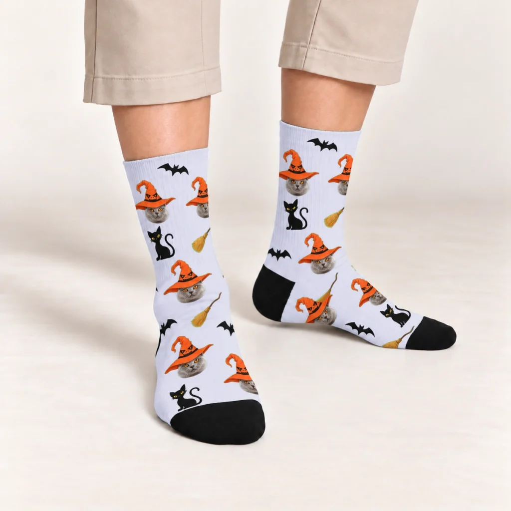 Witch Hat & Cat Face Halloween Socks — Lavender — on-foot view