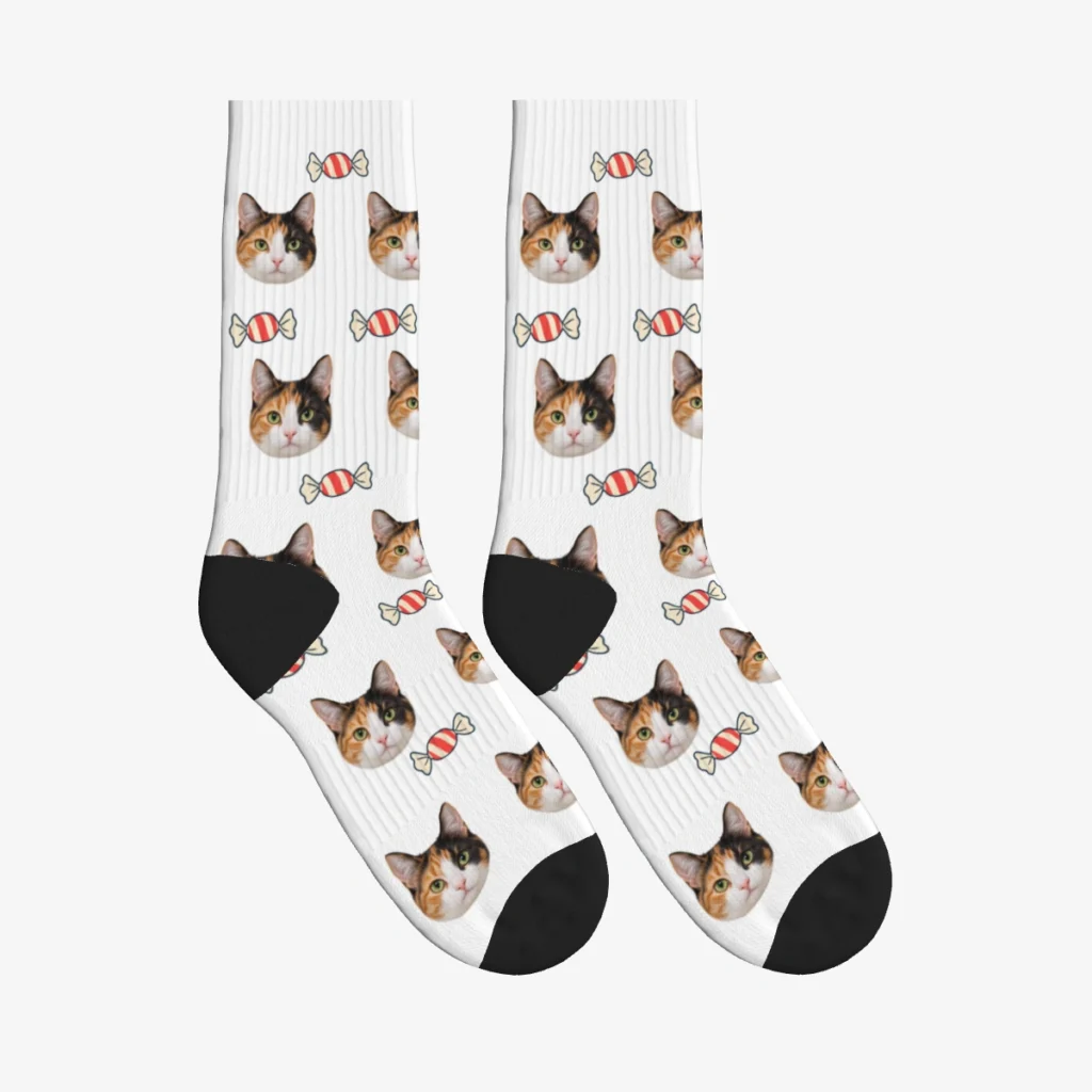 Wrapped Candy Cat Face Socks — White — product view